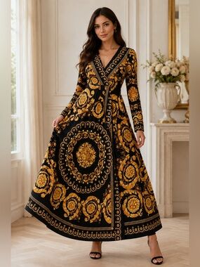 Black & Gold Baroque Wrap Maxi Dress